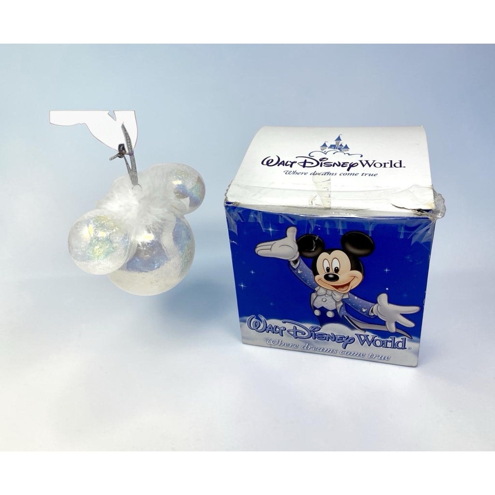 Disney Mickey Mouse Ears Icon Christmas Ornament Iridescent Crackle White w/ Box
